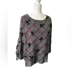 Roz & Ali Women’s Plaid Print Bell Sleeve Blouse | Floral Embroidered | 1X